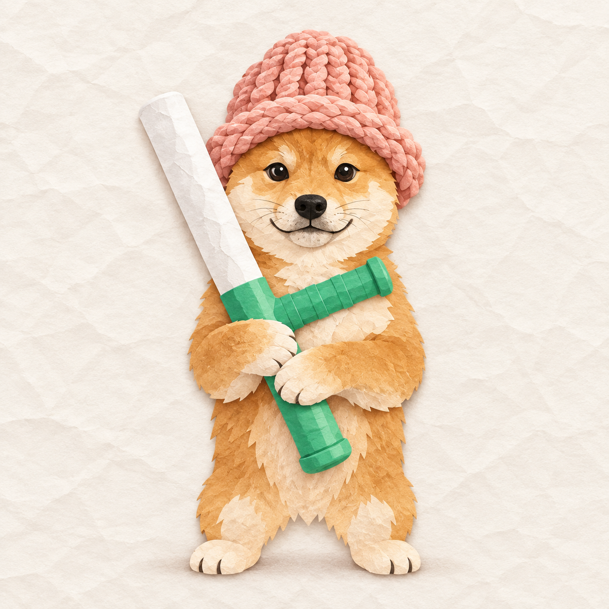 Baton Wif Hat mascot holding a green and white baton