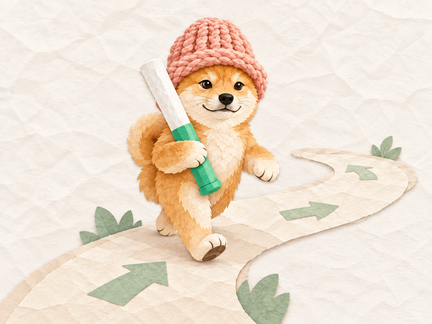 Baton Wif Hat walking along a paper path