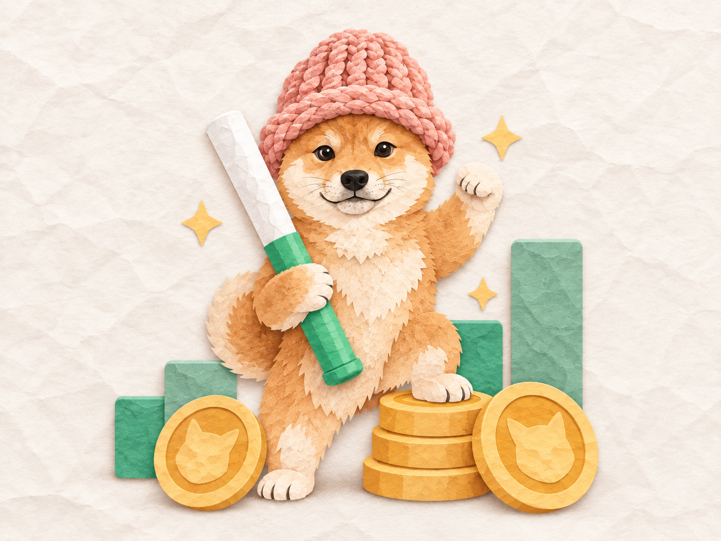 Baton Wif Hat mascot with paper coins and chart blocks